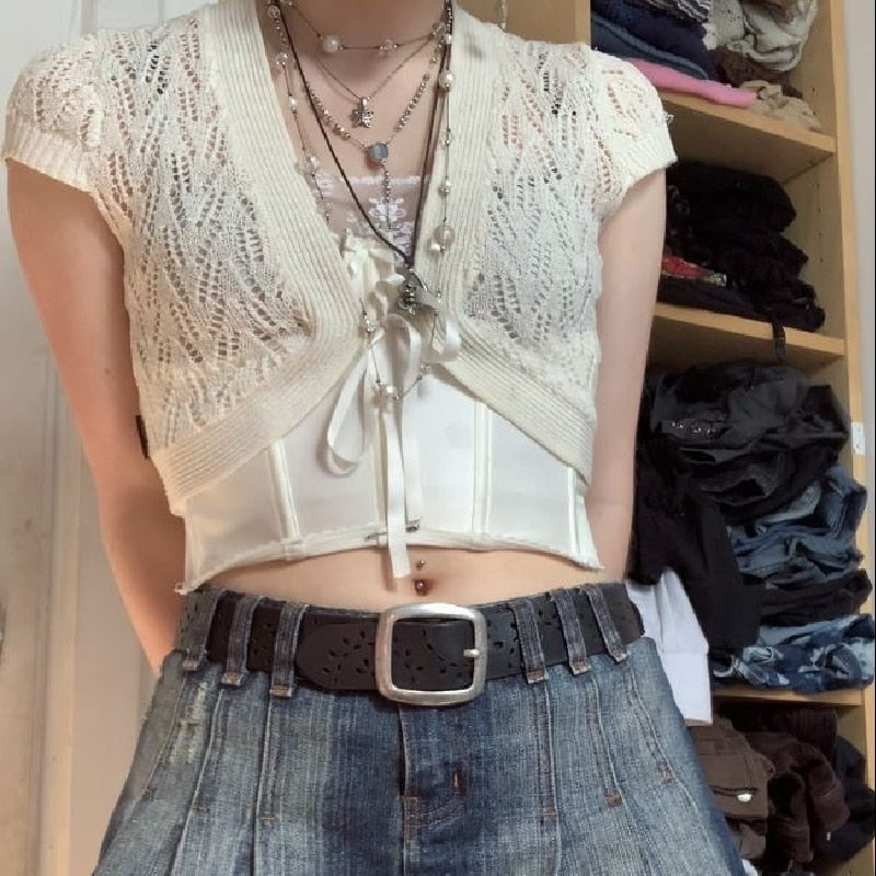 OOTDGIRL Y2k White Knitted Crop Top Lace Up V Neck Short Sleeve Lace-Up Cardigans Hollow Out Jumpers Sweater Outwear Indie
