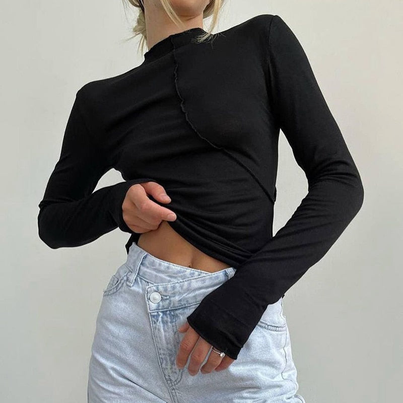 Ootdgirl  Autumn Patchwork T-Shirt Women Spring Streetwear Solid Long Sleeve Basic Tops Casual Turtleneck Slim Tee Female Pulover