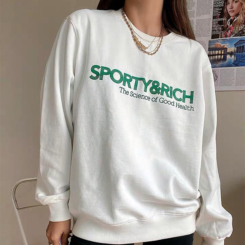 Ootdgirl  American Vintage Sporty&Rich Letters Print White Cool Women Pullover Round Neck Cotton Loose Sprot Lover Sweatshirt