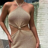 Ootdgirl   Vacation Outfits Knitted Halter Maxi Dresses For Women 2022 Elegant Dress Sets Holiday Beach Sundresses C76-CZ25