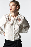 OOTDGIRL Spring Women Flower Embroidery Peter Pan Collar White Shirt Female Long Sleeve Blouse Lady Loose Tops Blusas