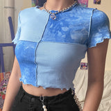 OOTDGIRL 2022 Women Tie Dye Cropped Top Ruffle Frill Short Sleeve Tops Patchwork T-Shirts Round Neck Casual Tees Party Summer Clothes