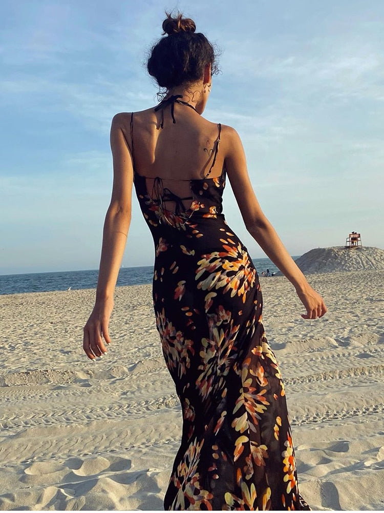 OOTDGIRL Print Maxi Dress Women Sexy Low Cut Cowl Neck Back Lace Up Sexy Dresses Seaside Party Club Wear Long Dress 2022 New