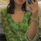OOTDGIRL Harajuku Floral Print Green T-Shirt Y2K Aesthetics Mesh Buttons Flare Sleeve Crop Tops 90S Women Vintage Clothes Summer Tee