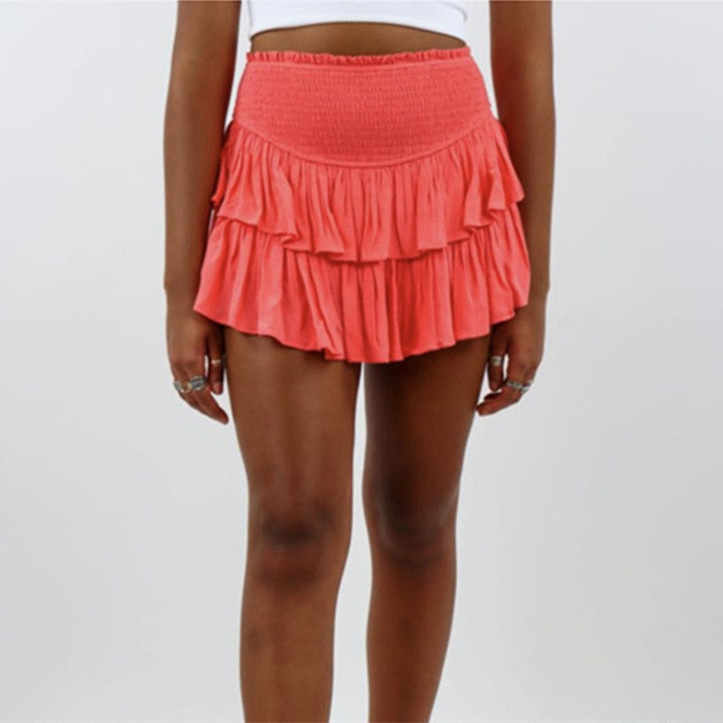 OOTDGIRL Women Elastic High Waist Miniskirt Female Ruffle Skirt Y2K Style Solid Color Vintage Style Skirt For Spring/ Summer