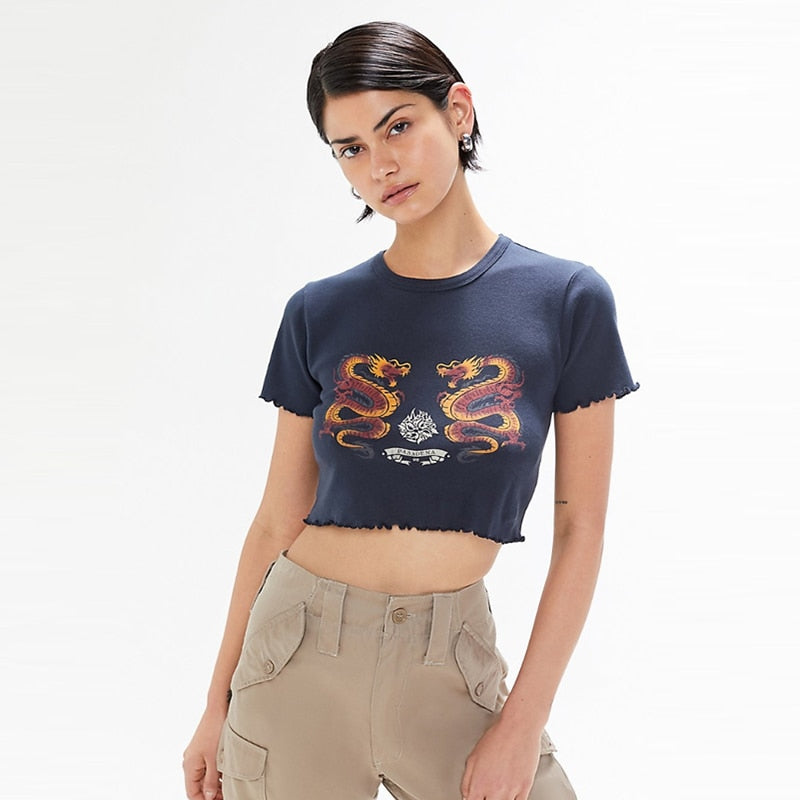 OOTDGIRL Navy Blue Tshirt Women Cartoon Tees Summer Tops Fashion Casual Female Oversized Crop T-Shirt 2022 Streetwear Summer Vestidos