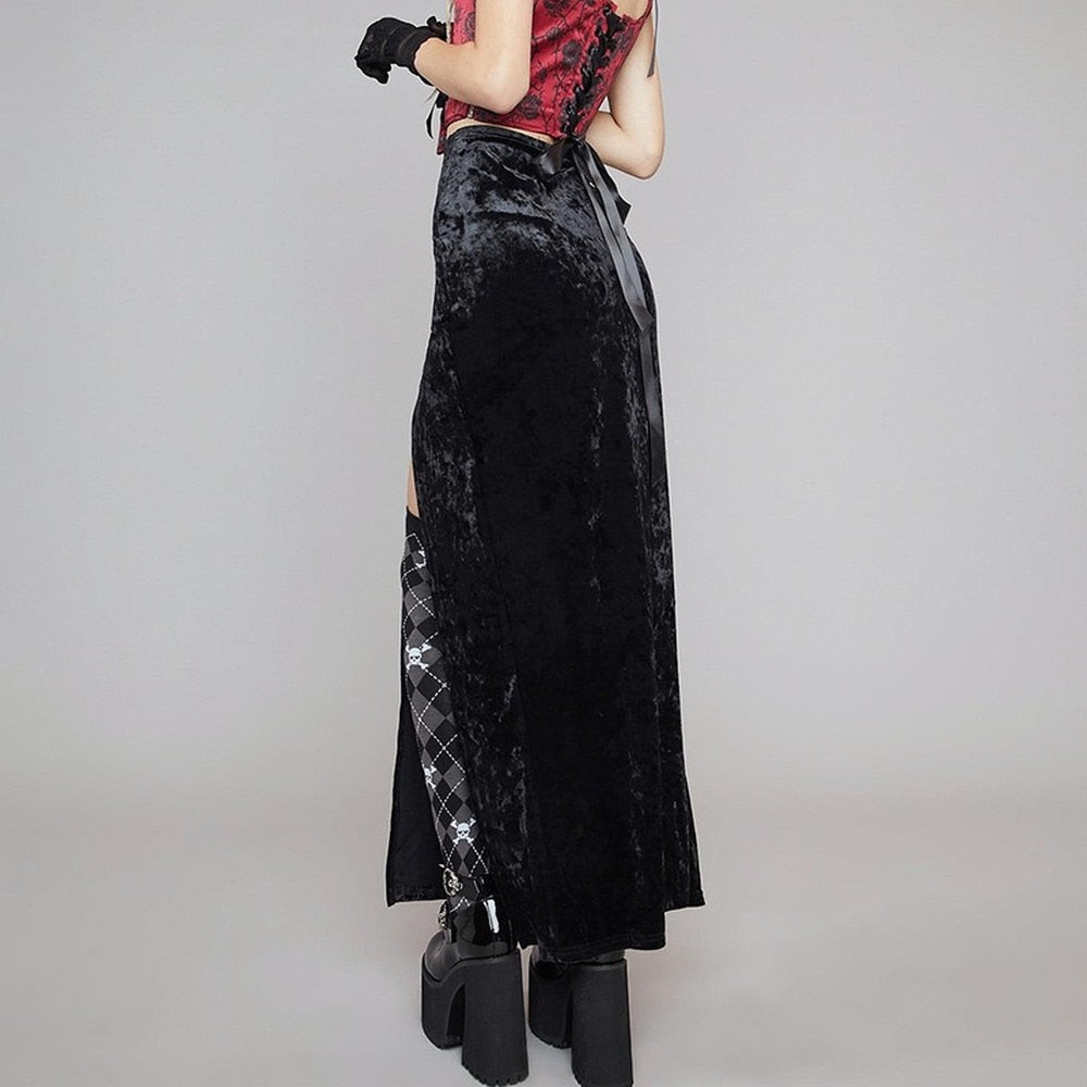 OOTDGIRL Vintage Black Velvet Split Skirts Aesthetic Sexy High Waist Bow Bodycon Long Skirt Elegant E Girl Punk Partywear Clothes