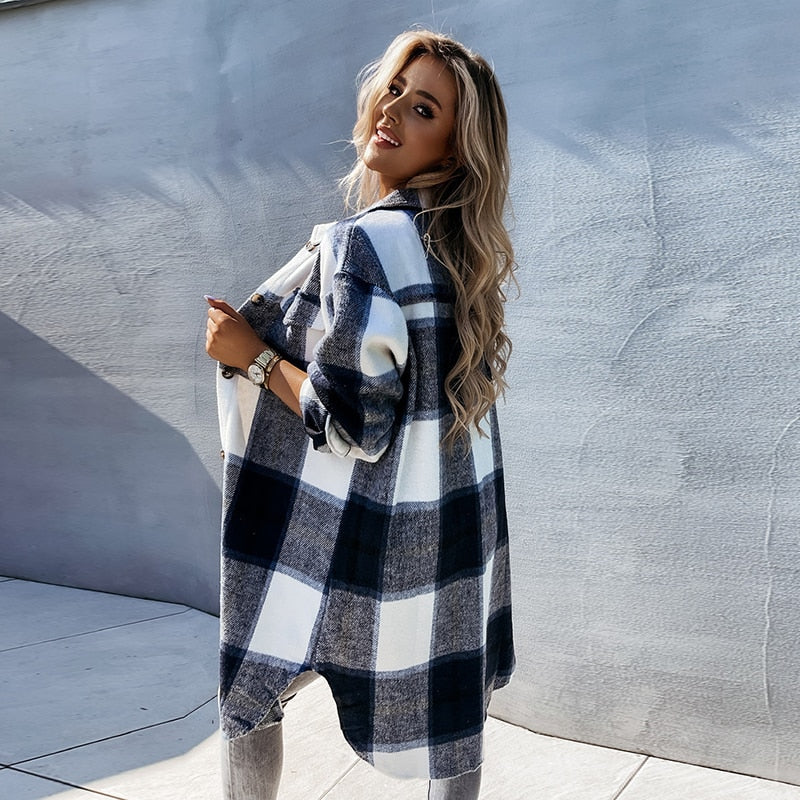 Ootdgirl  2022 Autumn Women Cardigan Plaid Mid-length Single-breasted Turn-down Collar Long Sleeves Loose Casual Shirt Street Style Cotton