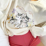 OOTDGIRL Cat Print Cute White Oversized Sweatshirt Autumn Cute Long Sleeve Sweat Shirt Loose Pullover Ladies Streetwear Hoody Clothes TOP