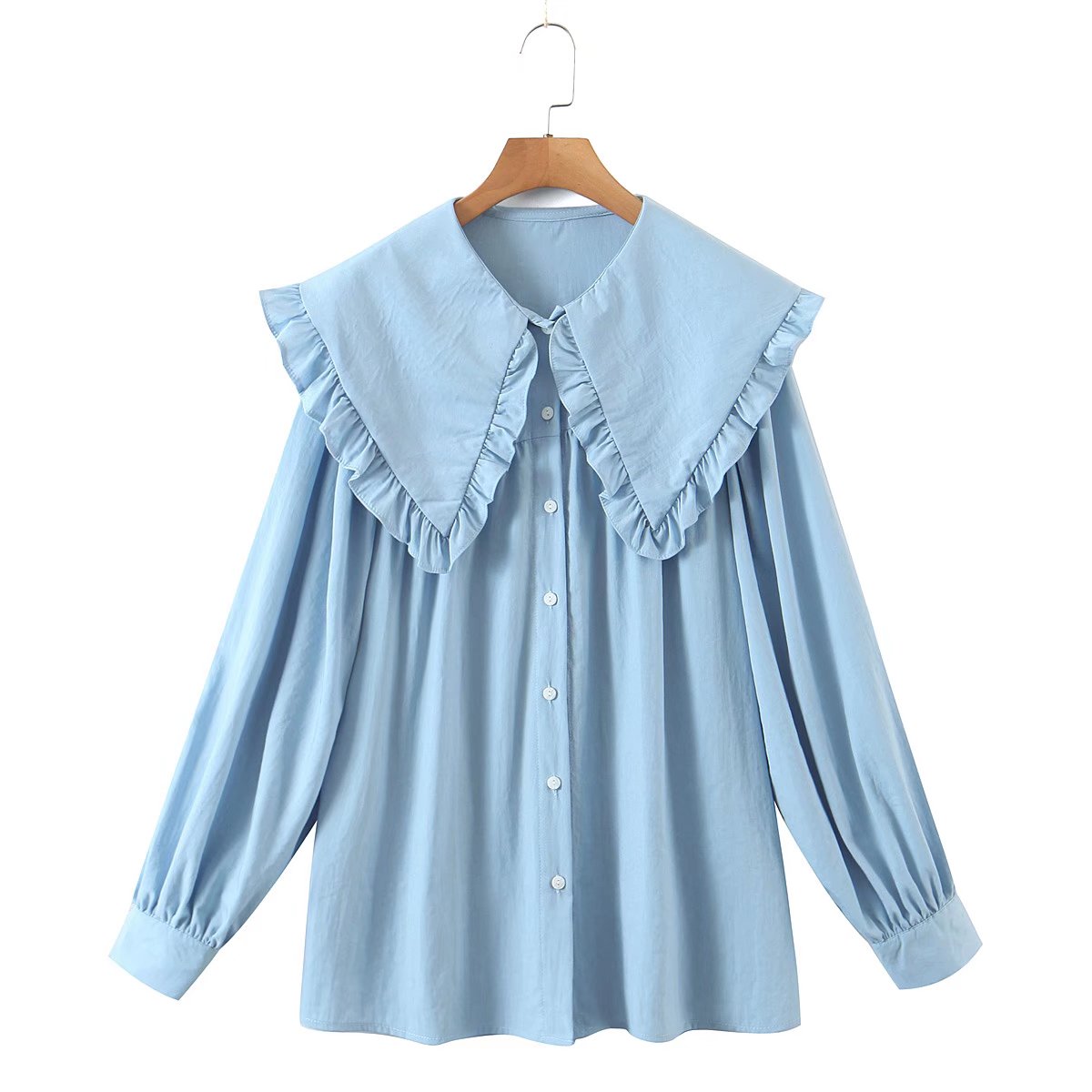 OOTDGIRL Sweet Blue Button-Up Loose Blouses Women's Peter Pan Collar Long Sleeve Female Shirts Chic Tops