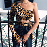 Ootdgirl  Leopard Print Cropped Women Off Shoulder One Sleeve Cut Out  Bandage Backless Hole Elastic Shirt Ladies Slim Tops