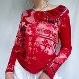 OOTDGIRL 90S Vintage Harajuku Gothic T-Shirt Y2K Aesthetic Graphic Print Long Sleeve Cropped Top Women Sweats Red Tees E-Girl Streetwear