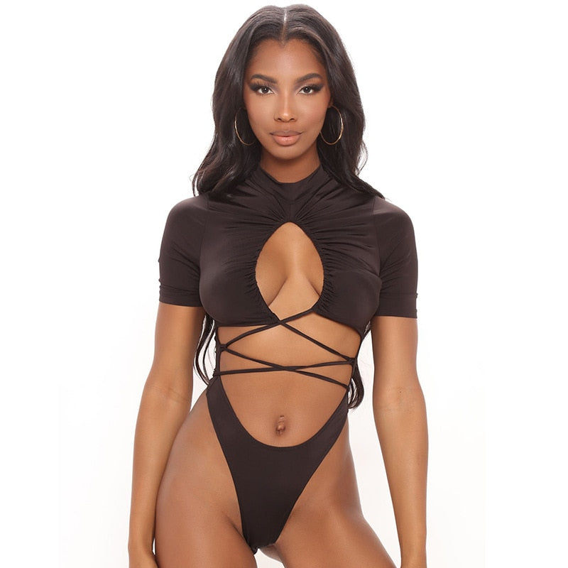 Ootdgirl  Black Bodysuit  Short Sleeve Cut Out Strappy Lace Up Bandage Tops For Women Summer 2022 Festival Clothing C85-BD12