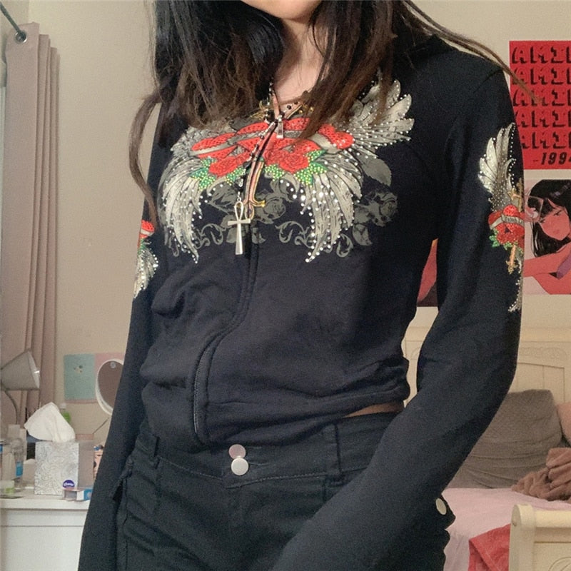 OOTDGIRL 90S Vintage Rhinestone Sweatshirt Floral Graphic Print Slim Hoodies E-Girl Gothic Black Cropped Coat Women Outwear
