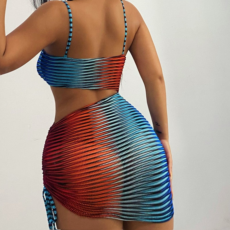Ootdgirl  Y2K Mesh Stripe Cut Out Mini Dress Women Sleeveless Bodycon Lace Up One Shoulder  Halter Vestidos Women Color 2022