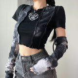 Ootdgirl  Grunge Fairycore Crop Top Women Short Sleeve Patchwork Tshirt And Arm Gloves Female Streetwear Tie Dye Tee Goth Clothes