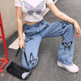 Ootdgirl  Women's High Waisted Jeans Butterfly Print Straight Wide Leg Denim Pants Baggy Loose Casual Trousers Streetwear