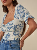 OOTDGIRL Vintage Ivory Blue Flower Print Shirt Retro Elastic Ruched Back Square Collar Short Sleeve Short Blouse Tank Top Tops
