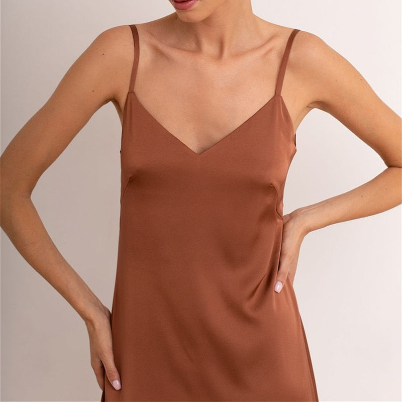 Ootdgirl  Satin Sling Brown  Dress Backless Spaghetti Strap Long Dress 2022 Summer Homewear Pajama Party Club Slim Female