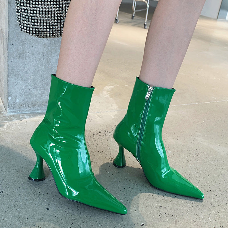 OOTDGIRL 2022 Winter Luxury Women Patent Leather Ankle Boots Western Pointed Toe Green High Heels Short Boot Designer Party Fashion Shoes
