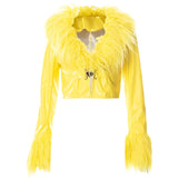 Ootdgirl  Y2k Streetwear Yellow PU Leather Jackets for Women Winter Vintage Clothes Fuzzy Faux Fur Collar Coats C85-FG34