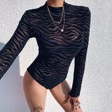 Ootdgirl Black Mesh Transparent  Bodysuit Long Sleeve Slim Skinny Stripe Mock Neck Casual Rompers Women Lady Party Club Body