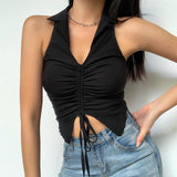 Ootdgirl  Deep V-Neck  Sleeveless Tank Top Women Summer Crop Tops Ruched Drawstring Black Fashion Skinny Elastic Streetwear