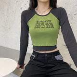 Ootdgirl  Fake 2 Pieces Contrast Color Crop Tops Women 2022 Hot O-Neck Long Sleeve Casual T Shirt Tee Shirt Femme Streetwear Rawpriter