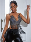 Ootdgirl  Women's Sequin Rhinestone  V-Neck Camisole Tassel Backless Glitter Body Chain Tank Tops 2022 Party Nightclub Bra Accessories