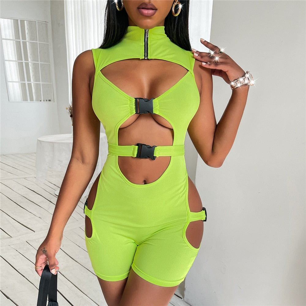 OOTDGIRL Summer Women Sexy Solid Color Sleeveless Bodycon Rompers Fashion High Neck Hollow Out High Waist Playsuit Nightclub