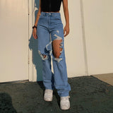 OOTDGIRL Women's Ripped Baggy Jeans Vintage High Waist 90'S Aesthetics Mom Y2k Denim Streetwear 2022 Spring Female Pants Straight Blue
