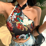 OOTDGIRL Chinese Style Dragon Pattern Tops Floral Tank Top Stand Collar Sleeveles Tanks Slim Fit Sexy Off Shoulder Crop Top Ropa Mujer