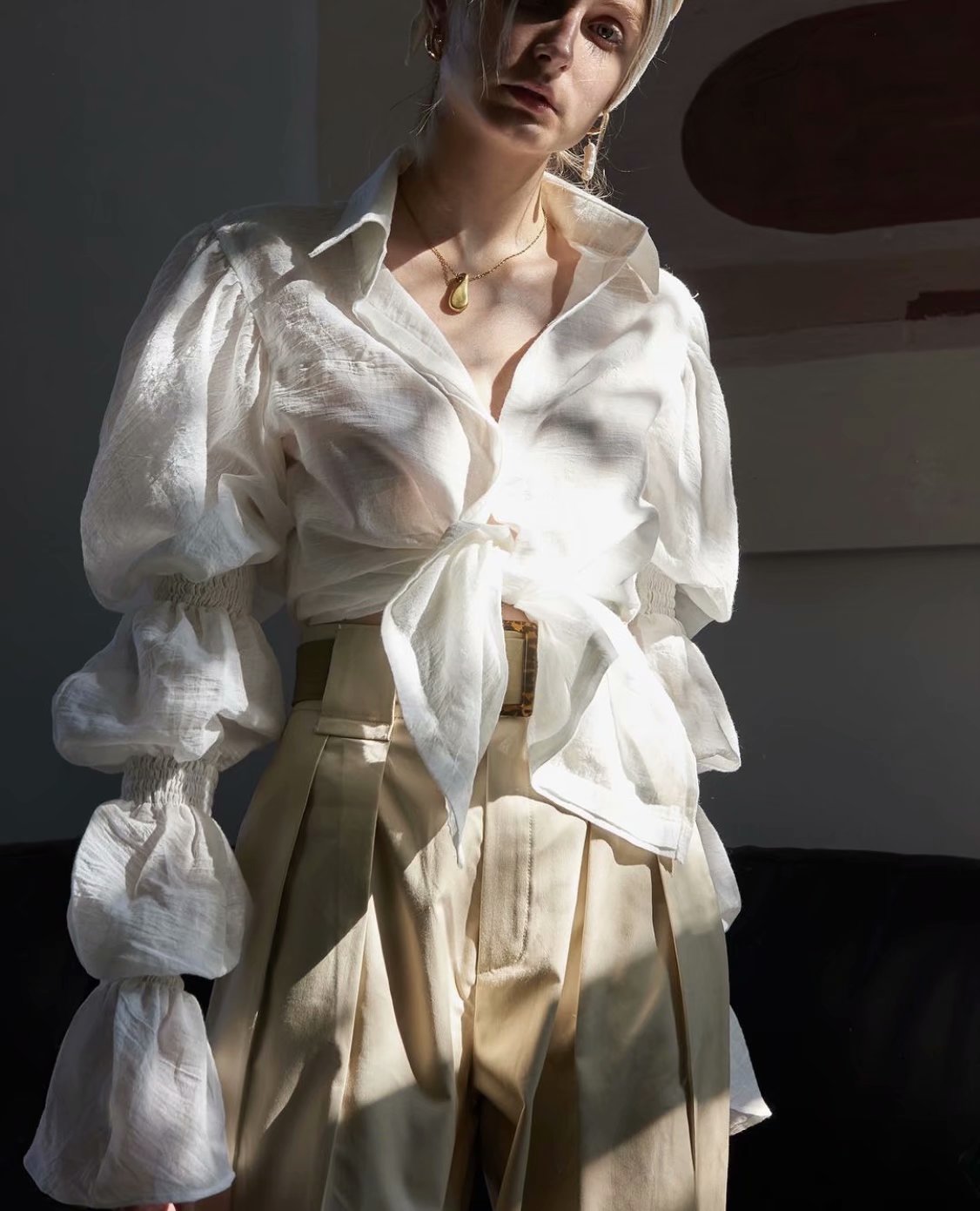 OOTDGIRL Minimalist Women Elegant Long Shirt Turn Down Collar Puff Sleeve Blouse Female Loose White Office Lady Tops