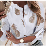 OOTDGIRL Women Stand Collar Long Sleeve Button Fashion Office Lady Summer Pineapple Printing Shirt Ladies Loose Tops S/M/L/XL/2XL