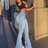 Ootdgirl  Fashion Ripped Blue Newflare Jeans For Girls Female 2022 Casual Women's Vintage Denim Pants High Waisted Trouser Harajuku Capri