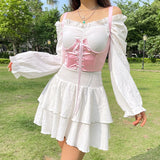 Ootdgirl  White Dress With Corset Women High Waist Ruffle A-Line Mini Dresses Spring Autumn Y2K Beach Party Robe 2 Pieces Outfit