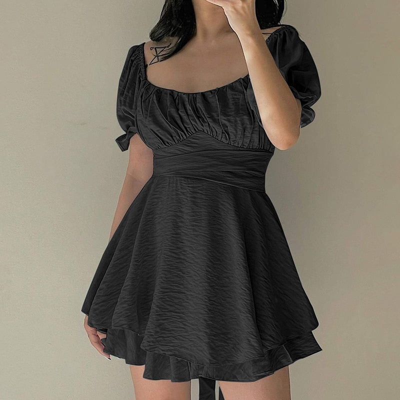 Ootdgirl  Elegant Bare Shoulders Mini Dress Evening Party Dresses French Short Sleeve Split Dress Korean Summer Women's Clothing