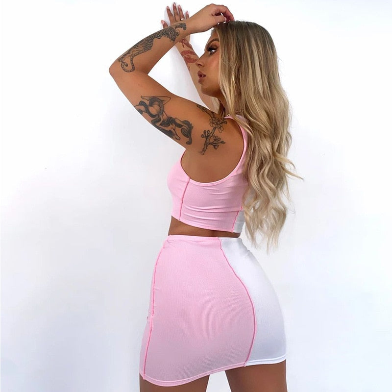 Ootdgirl   2 Piece Sets Womens Outfits Hollow Out Rhinestones Mesh Patchwork Crop Top and Mini Skirt Matching Sets C82-CF22