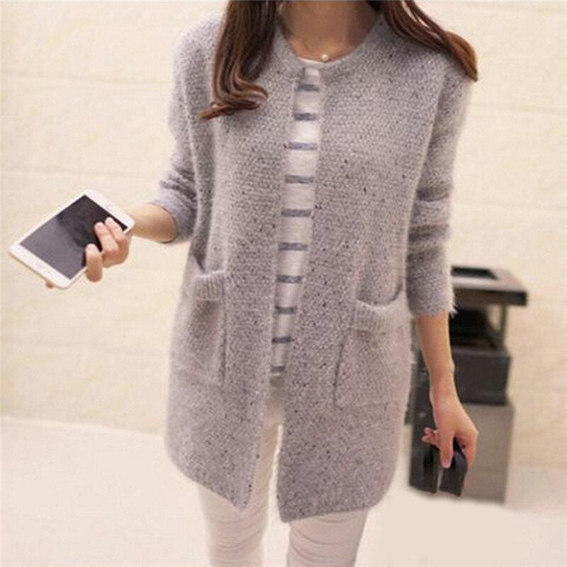 Ootdgirl  Winter Warm Cardigan Pockets Fashion Women Solid Color Knitted Sweater Tunic New Crochet Ladies Sweaters Outwear Coat Cardigan