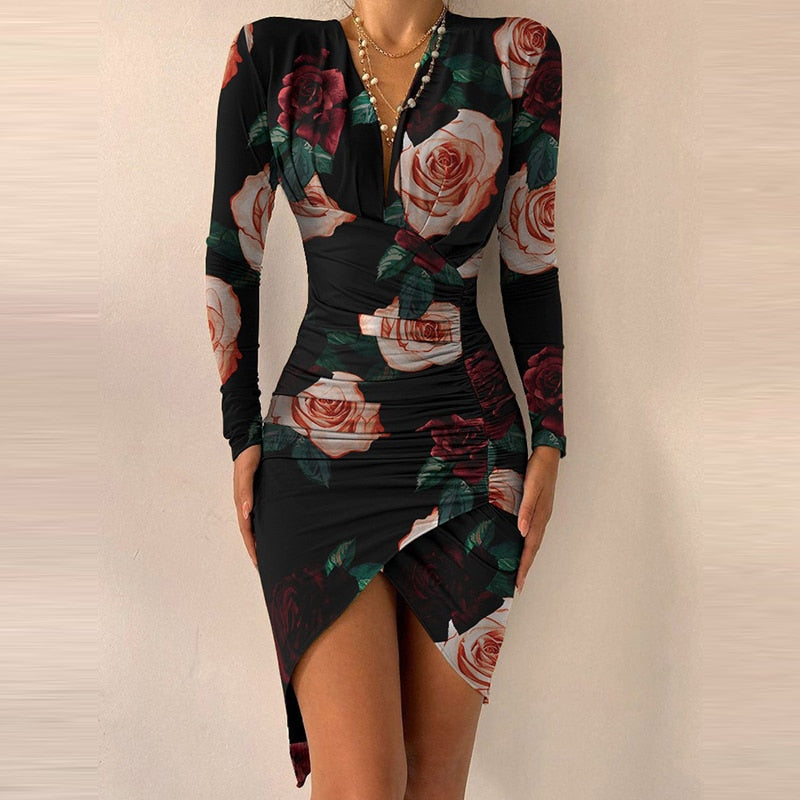 Ootdgirl Fashion  Party Lady Dress Fall Leopard Print Long Sleeves V Neck Slim Bodycon Split Dress Elegant 2022 Spring Women Dresses