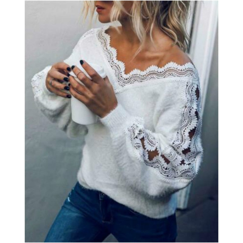 Ootdgirl  Winter Women's Sweaters Knitted Pullover V-Neck Hollow Jumper Loose White Fashion Female Sweater  Women Clothing