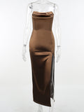 Ootdgirl  Women Midi Dress High Split Ruched Silk Corset Tube Elegant  Vintage Fashion Sleeveless Partywear Long Dress 2022