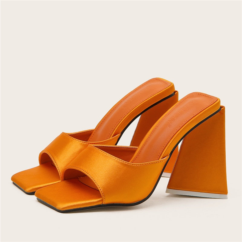OOTDGIRL 2022 Women Design 11Cm High Heels Slides Mules Summer Silk Thick Block Heels Sandals Slingback Orange Slipper Party Chunky Shoes