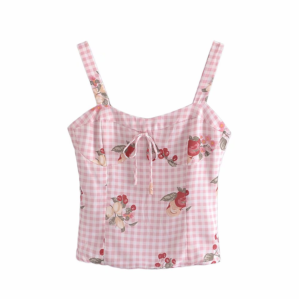 OOTDGIRL Women 2022 Fashion With French Lattice Cherry Printing Crop Sling Tops Vintage Backless Elastic Thin Straps Female Tops