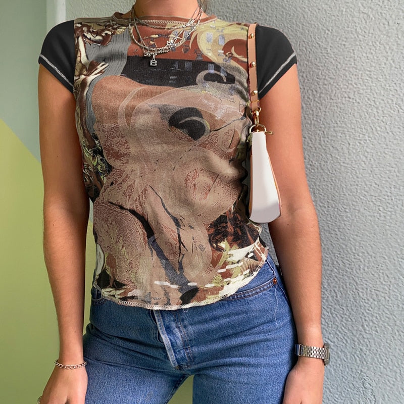 Ootdgirl  Vintage Print Top Women  Short Sleeve T-Shirt Grunge Casual Basic Tee Aesthetic Streetwear E Girl O Neck T Shirt 90S