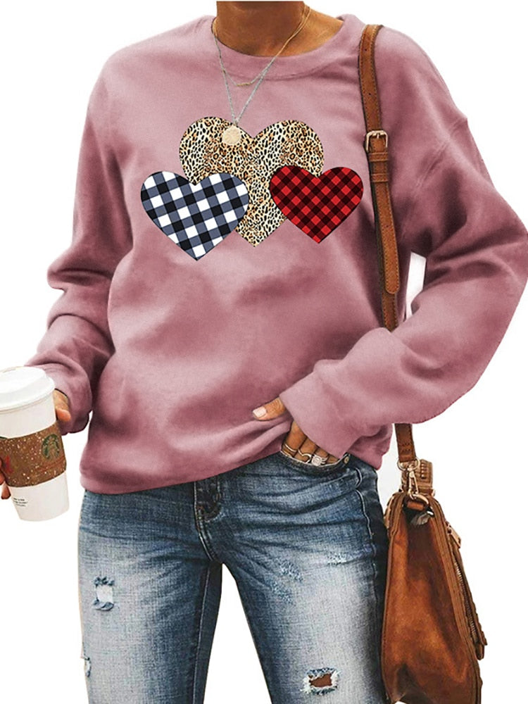 Ootdgirl  Heart Print Sweatshirt Woman Clothes Pullover 2022 Plaid Leopard Top Long Sleeve Slim Sweatshirts Female New Sale