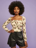 OOTDGIRL Spring Summer Print Blouse Square Collar Short Chiffon Top Women's Fashion Long Sleeves Casual Shirt