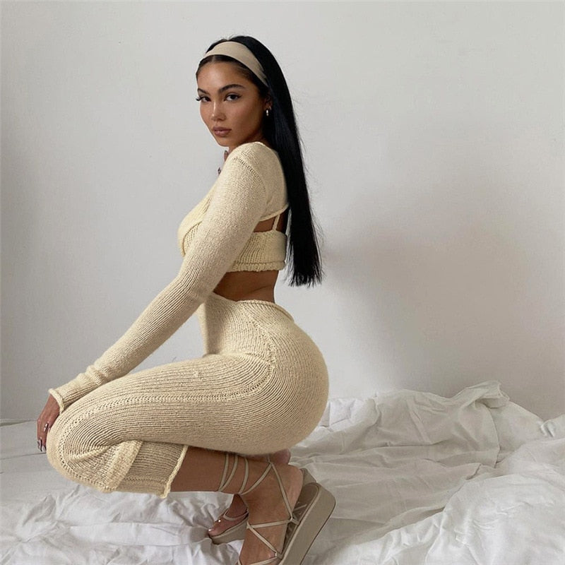 Ootdgirl   Knitted Sweater Two Piece Dress Sets Elegant Hollow Out Long Sleeve Bodycon Maxi Dresses for Women 2022 C83-CE21