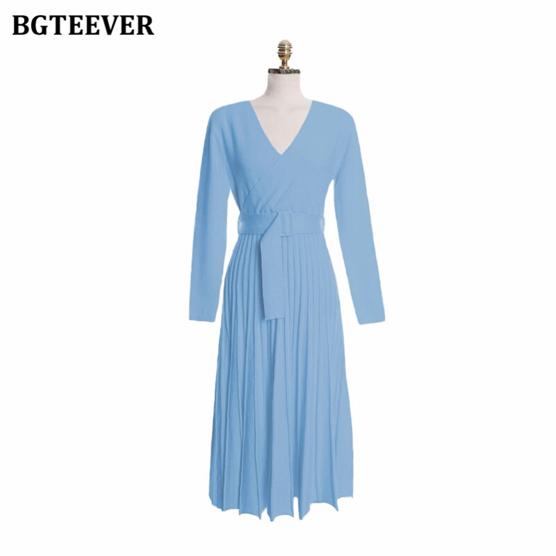 Ootdgirl  Elegant V-Neck Thick Warm Women Knitted Pleated Dress Long Sleeve Belted Sashes Ladies Sweater Dress 2022 Autumn Winter