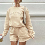 OOTDGIRL Women Loose Casual Sweatshirt Letter Embroidery Fleece Pullovers And Drawstring Shorts Sets Two Pieces Tracksuits 2022
